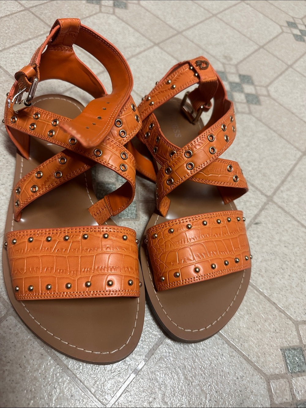 Guess Orange Croc-Embossed Studded Strappy Sandals